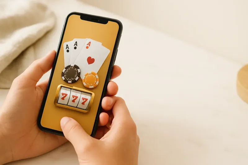 Close-up of hands holding smartphone with casino app on marble surface