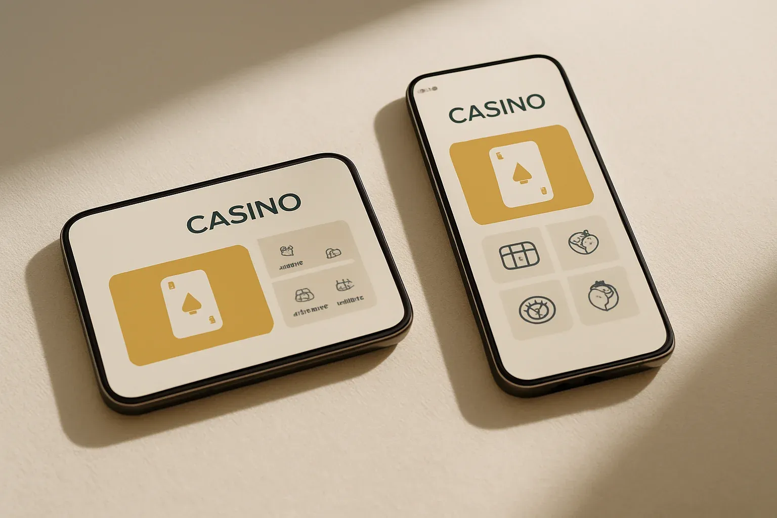 Two smartphones displaying a clean casino app on white surface