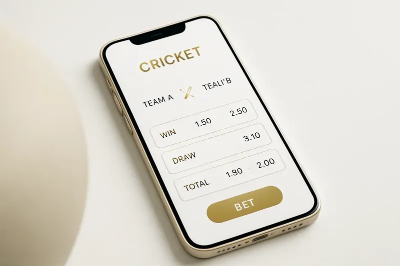 Phone screen showing cricket match betting odds in modern white and gold UI
