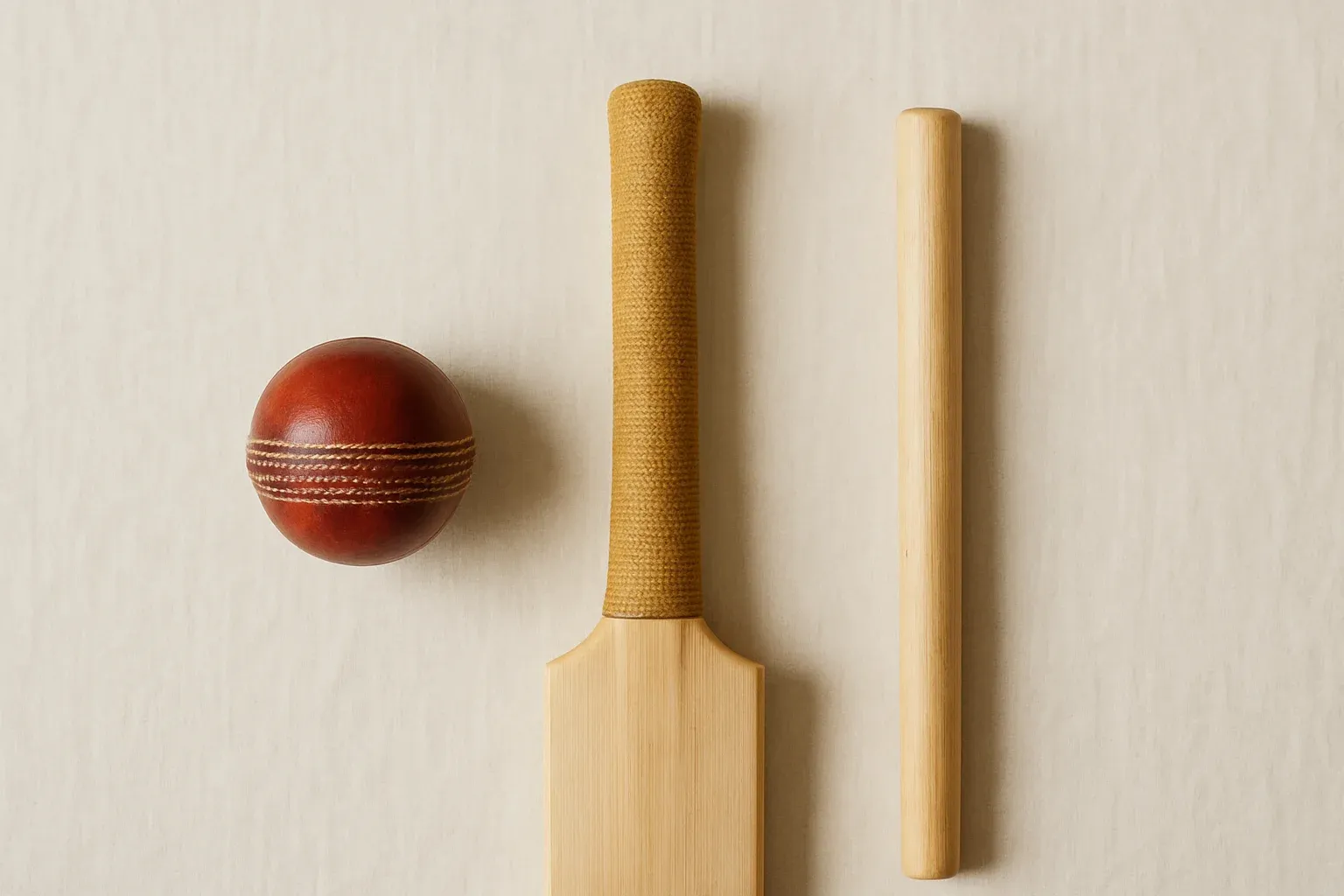 Overhead flat lay of cricket ball, bat handle and stump