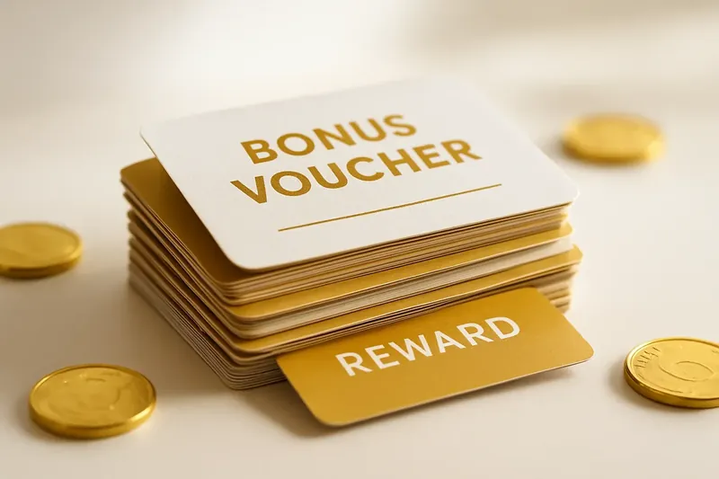 Stack of casino bonus vouchers and reward cards with gold coins