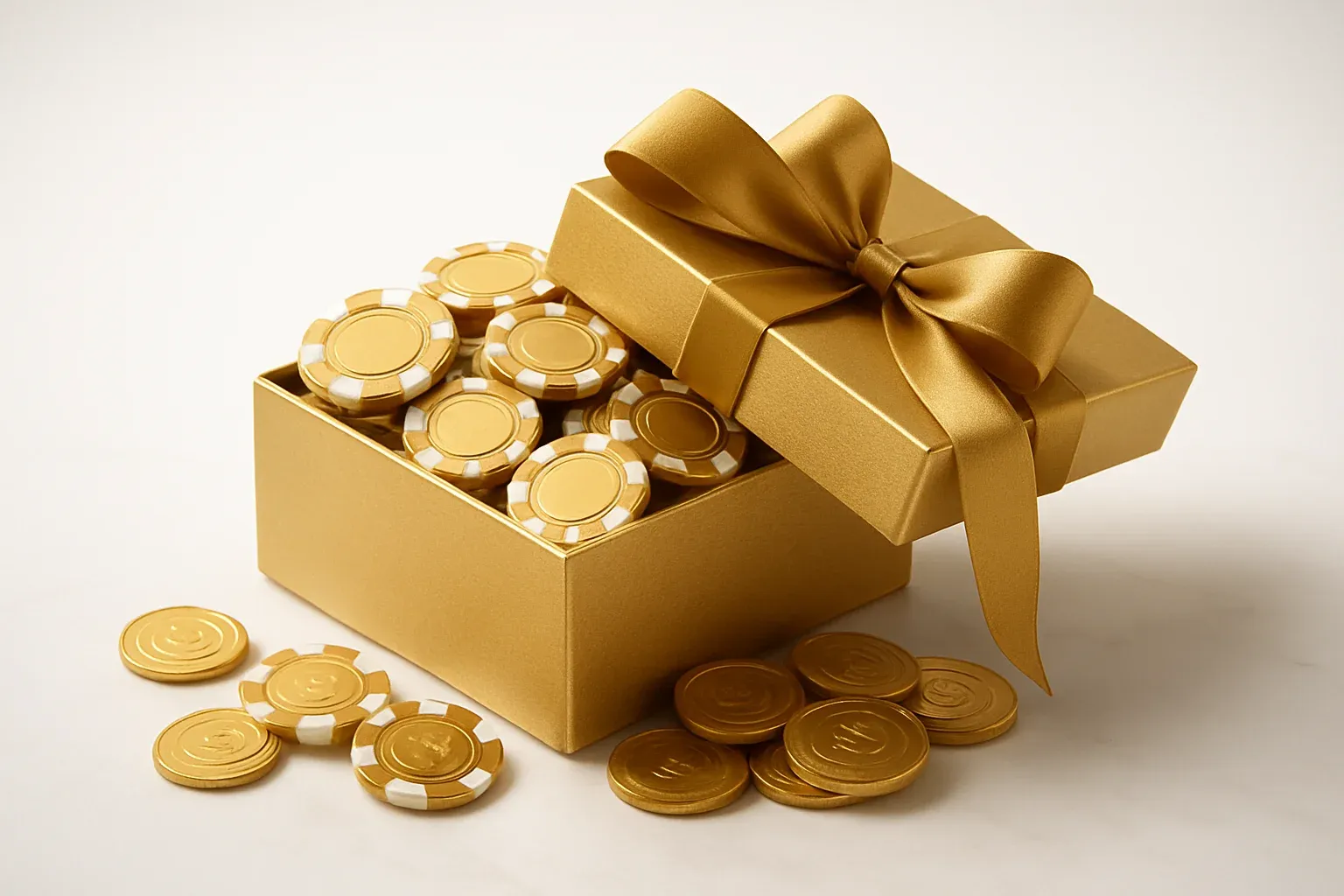 Golden gift box with poker chips and coins on marble surface