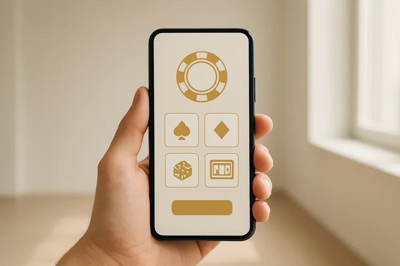 Hand holding smartphone with clean light-themed casino interface indoors