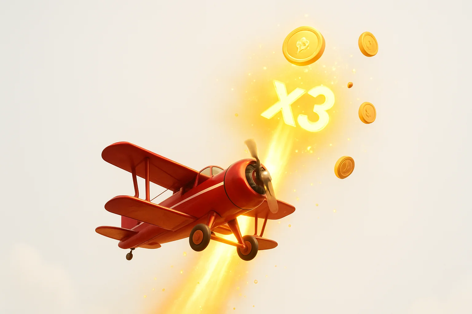 Red airplane climbing with glowing multiplier trail, coins, and sparks