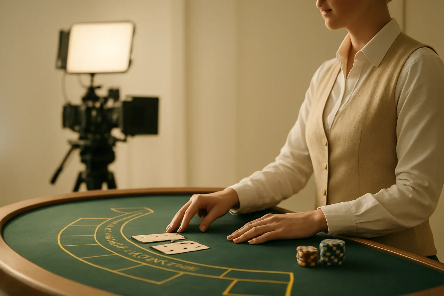 Professional blackjack dealer in live casino studio with camera rig