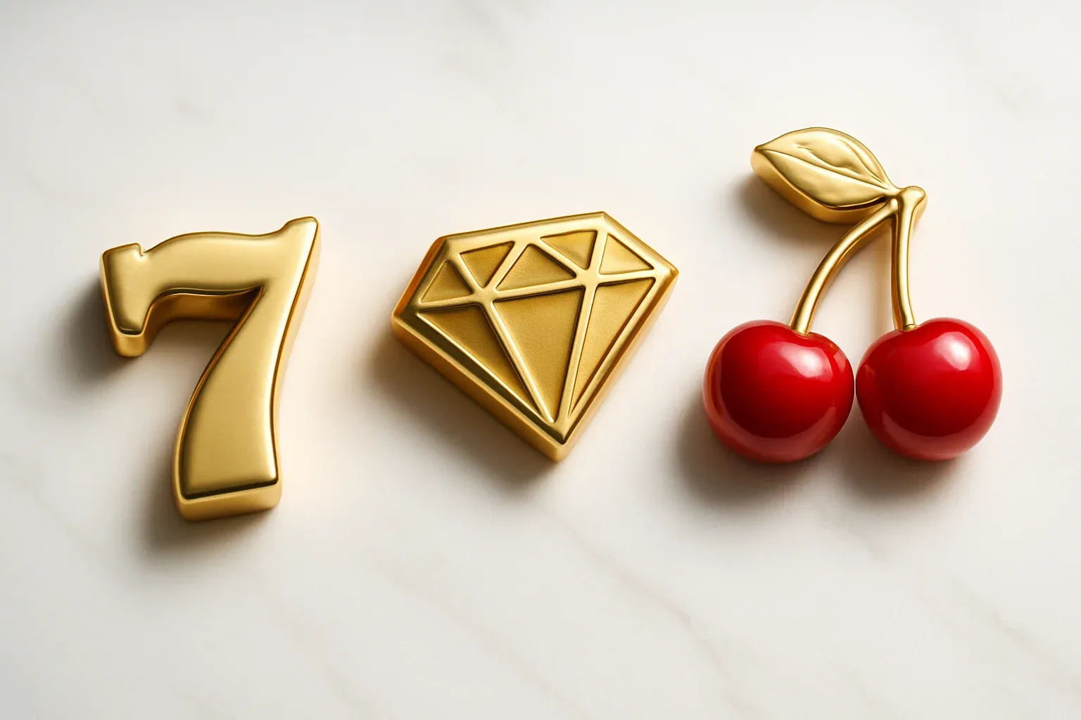 Three polished slot symbols on white marble under warm spotlights